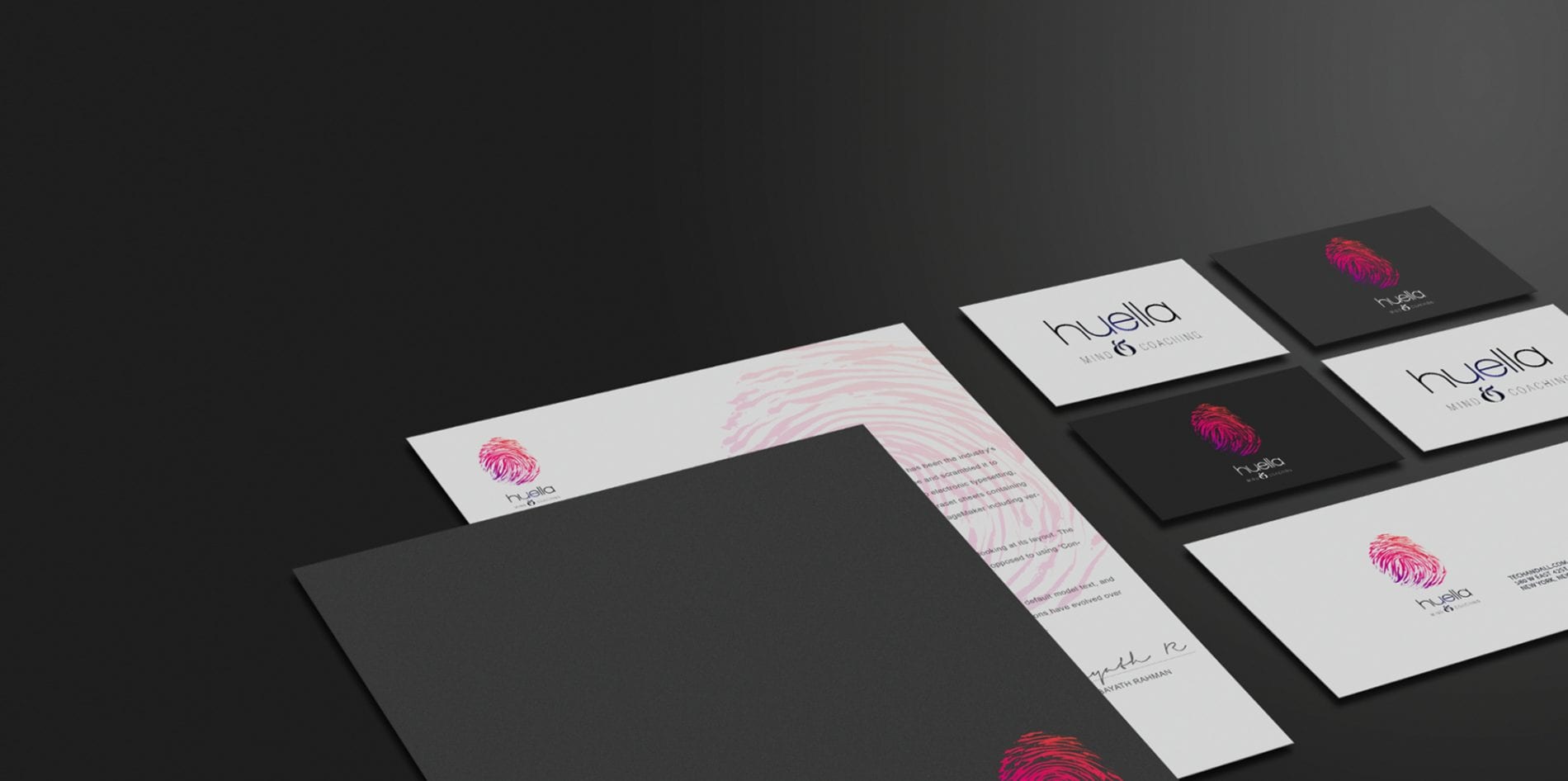 Huella Coaching, diseño de logotipo y papelería corporativa para empresa de coaching